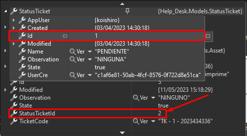 muestra de que StatusTicketId no coincide con el ID de StatusTicket