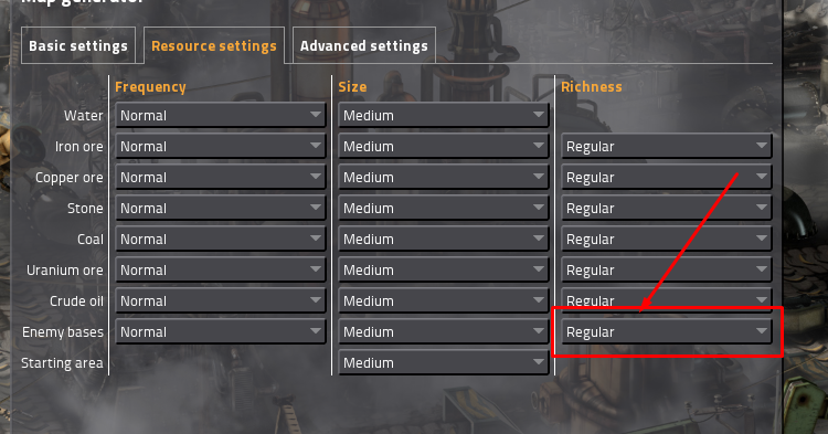 Image of setting Richness on enemy base