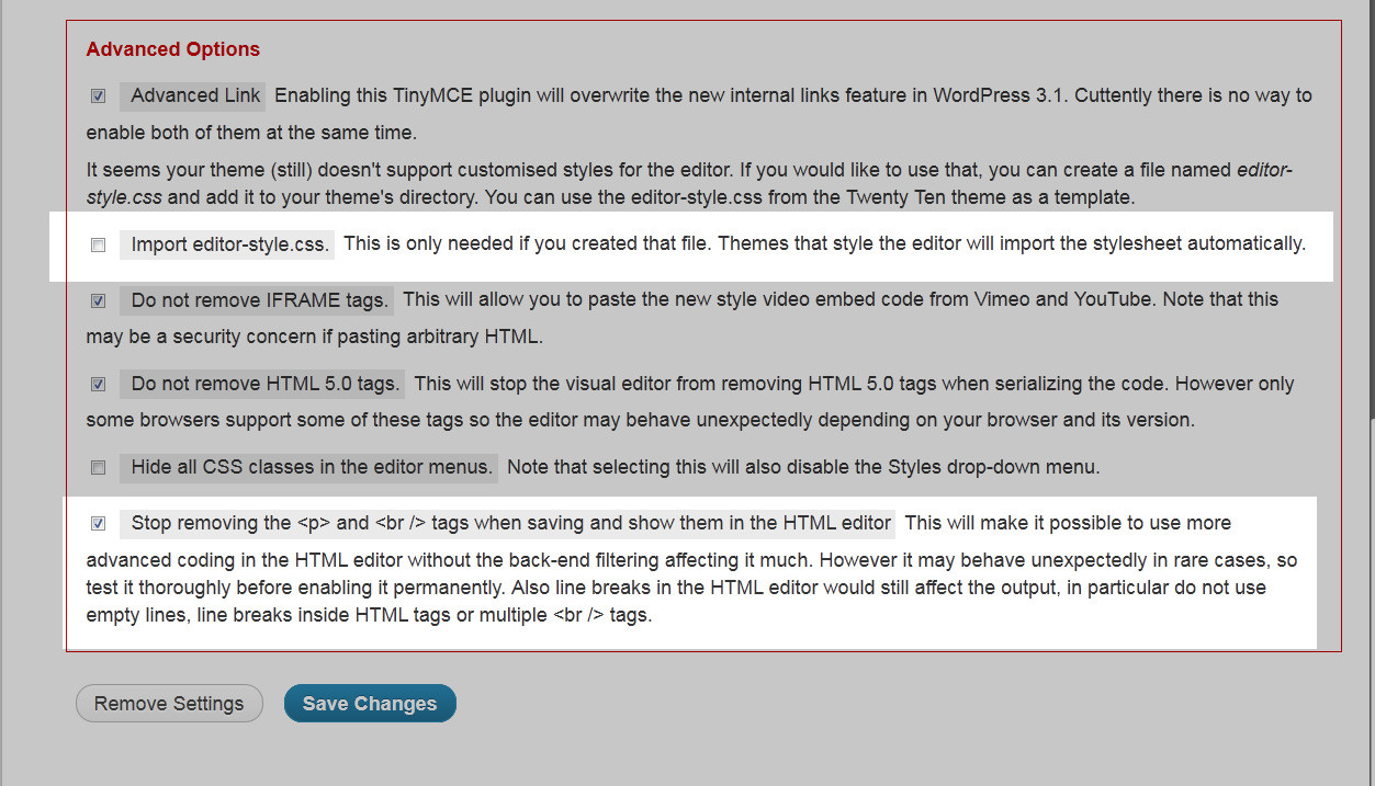 TinyMce Advanced Settings Screenshot