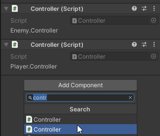 Two controller components, one labelled "Enemy.Controller", one "Player.Controller"