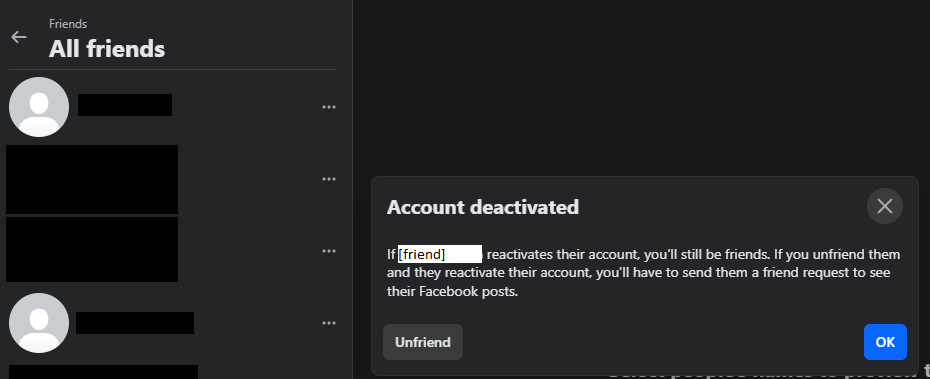 screenshot of Facebook friends list with deactivated accounts