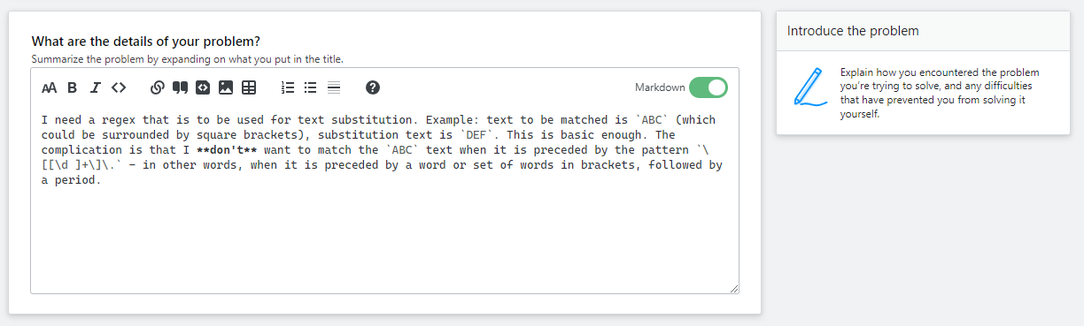 Screenshot of details entry. Sidebar guidance: Explain how you encountered the problem you’re trying to solve, and any difficulties that have prevented you from solving it yourself.