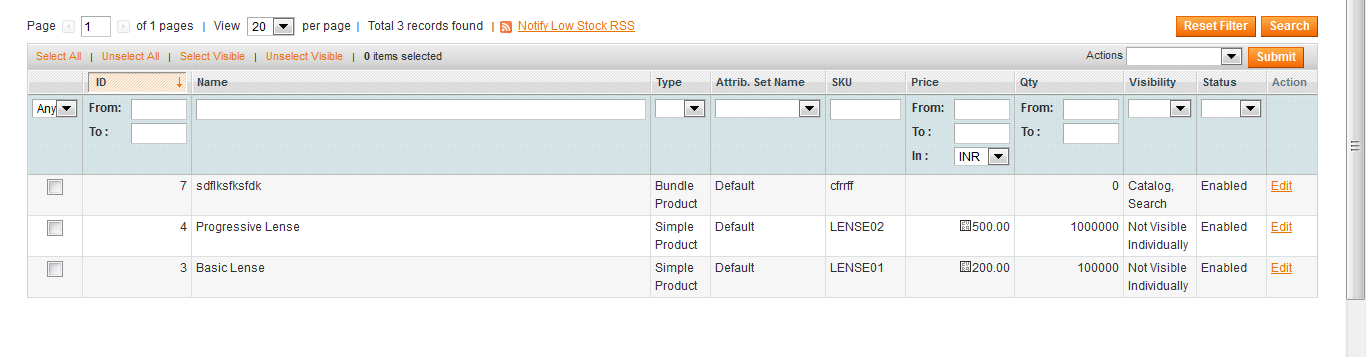 Grid shows 0 stock