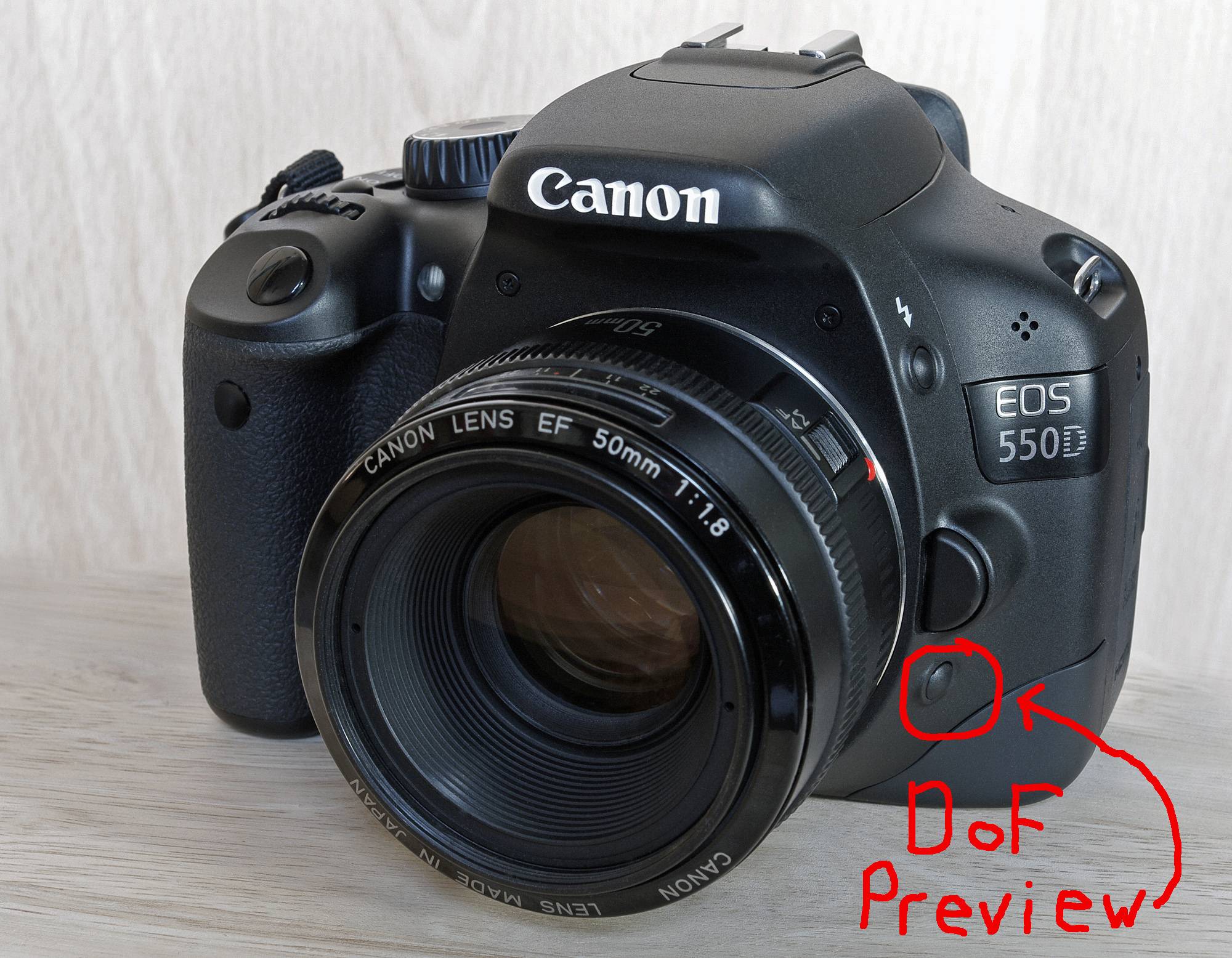 picture of a 550D with the DoF Preview button circled