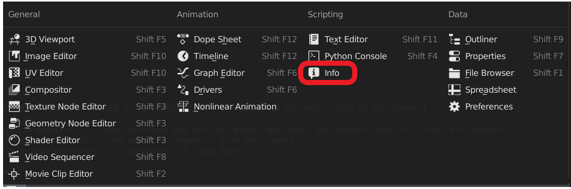 Drop down menu for selecting editors, with info editor highlighted