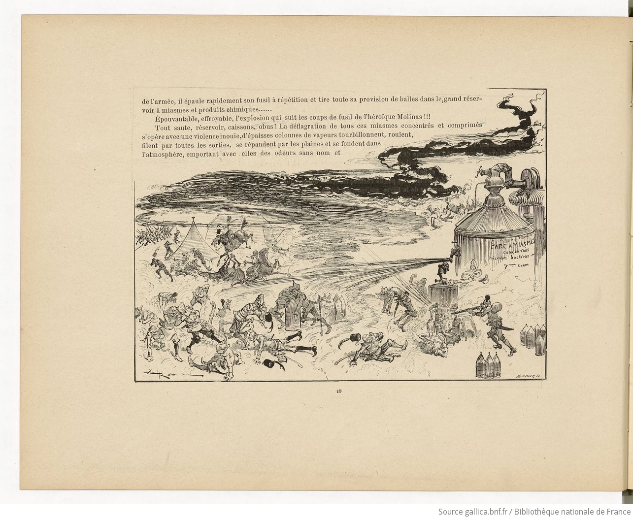 Copy of p.17 of the story, where we see the reservoir leaking after an explosion, with some smoke or vapor escaping from it, and possibly some liquid too. A dozen of soldiers around panic and fall on the ground.