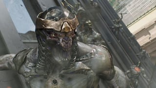 Close up of a Chitauri flying around the skyscrapers of New York, others are seen following behind