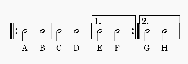 repetition with voltas and lyrics “A B C D”, then “E F” in prima volta and “G H” in secunda volta