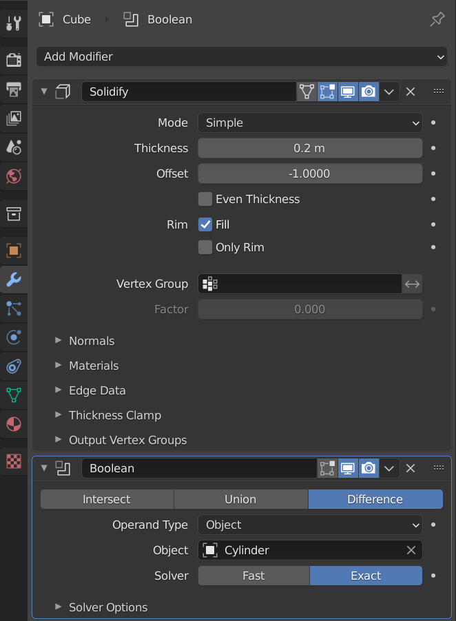 modifier stack with solidify and Boolean