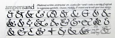 Samples of calligraphic ampersands in many styles