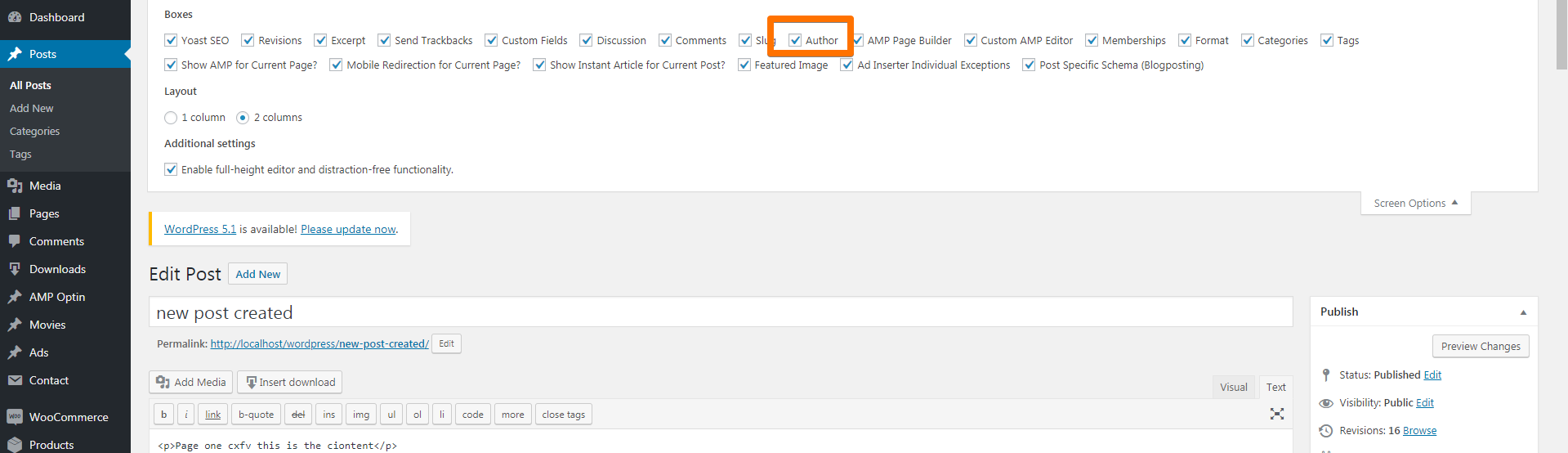Enabling Author from Screen options WordPress