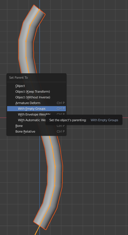 The mesh and armature selected, with a menu showing the option to parent the mesh to the armature with empty groups