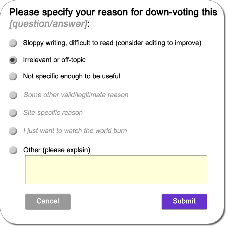 Mock-up of dialog for down-vote reason