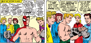 Peter Parker vs. Flash Thompson, from *Amazing Spider-Man* (1963) #8: Peter looking ripped underneath his clothes before a fight with Flash who is muscly and him thinking about pulling his punches because they think he's skinny