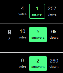 Image showing the scores in the "Bounties" tab in the profile. The ones with accepted answers have dark text on green background. Ones without accepted answers have green text without a background and a green outline around the score box.