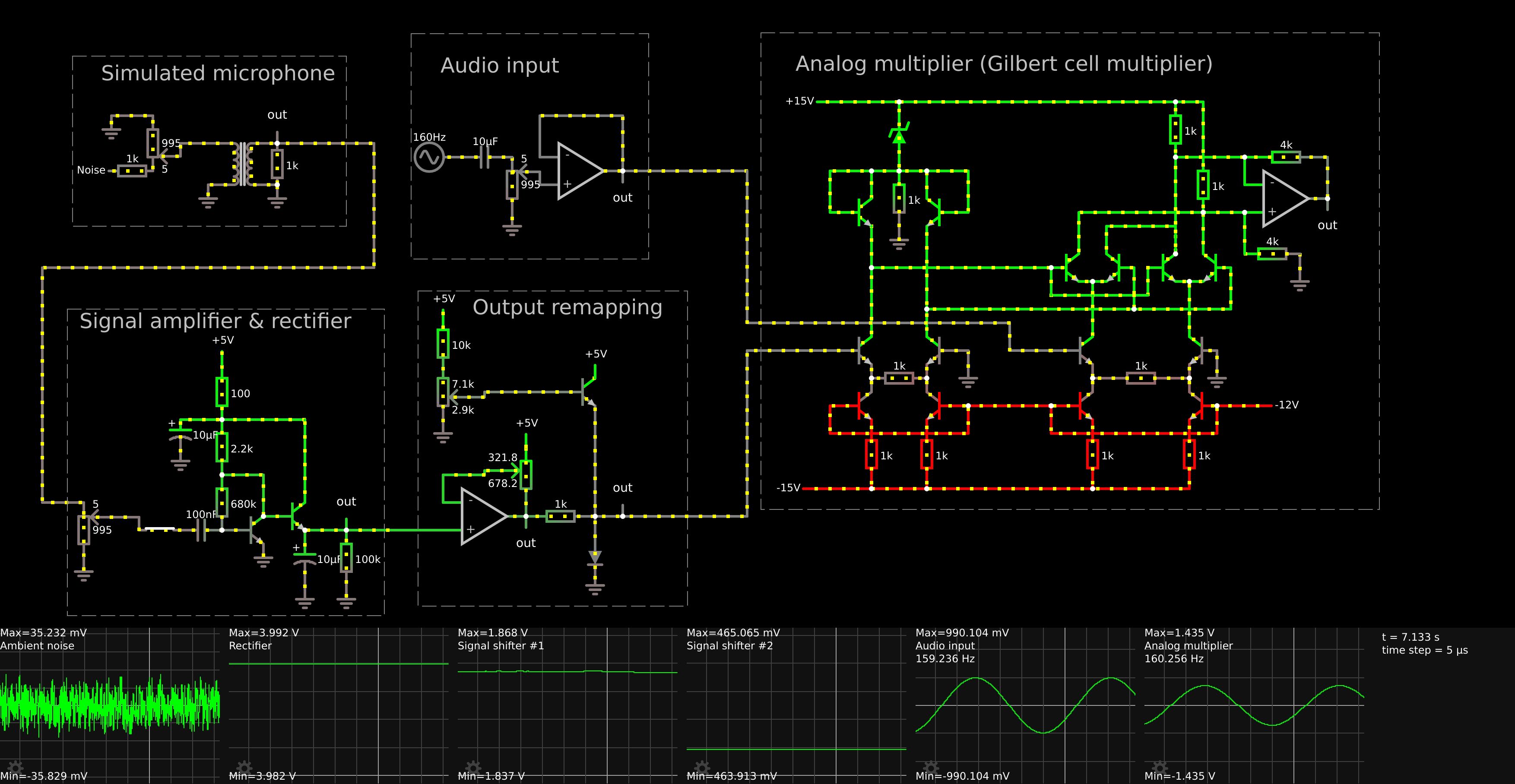 Circuit containing a simulated microphone, amplifier, rectifier & gilbert cell mixer