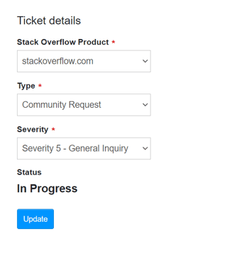 contact ticket with "stackoverflow.com" listed as "Stack Overflow Product"