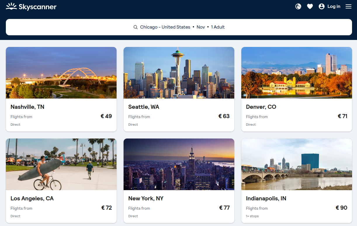 Listing flights from Chicago to all over US using Skyscanner