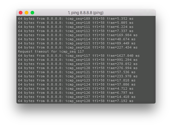 pinging to 8.8.8.8, showing a good ping, followed by a sudden raise in ping time, then returning to the good ping