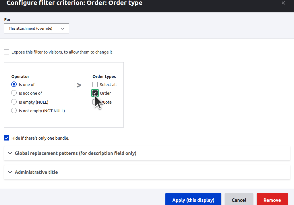 Screenshot of last modal view with cursor selecting Order label under the Order types.