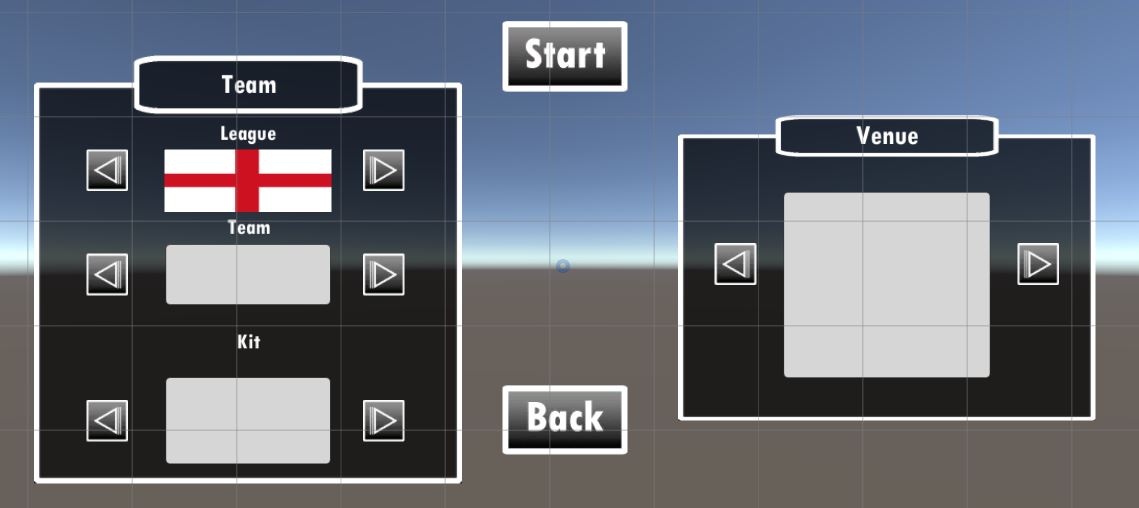 Team selection menu, the arrows display the image of the league, team and kit the player can choose to play with.