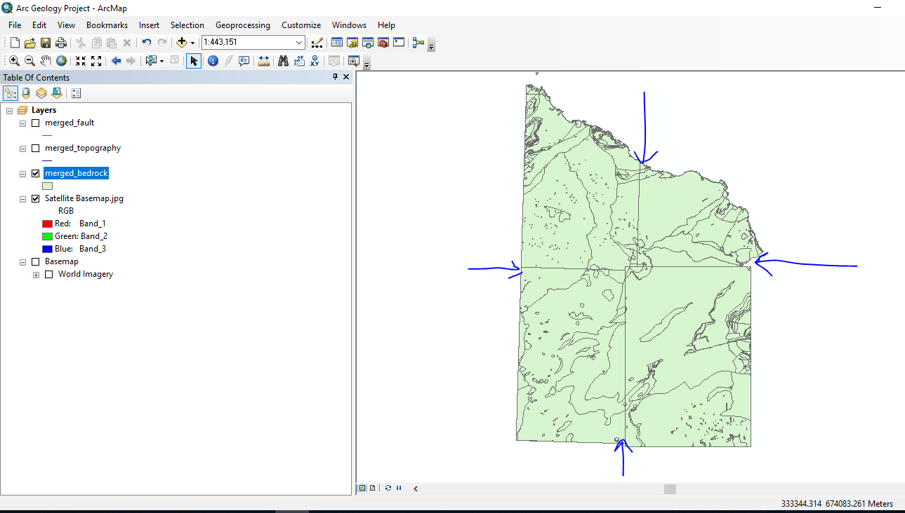 The arrows point to the lines I want rid of, I drew them myself. This is a birds eye image of a portion of Scotland, and the 4 tiles contain geological information. 