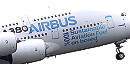 Cropped and enhanced "On March 25 2022, an Airbus A380, the world's largest commercial passenger airliner, completed a test flight powered entirely by SAF -- sustainable aviation fuel -- composed mainly of cooking oil." from https://edition.cnn.com/travel/article/ethiad-greenliner-sustainable-aviation-climate-spc-intl/index.html