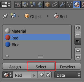 Material tab of the Properties window with the select button highlighted