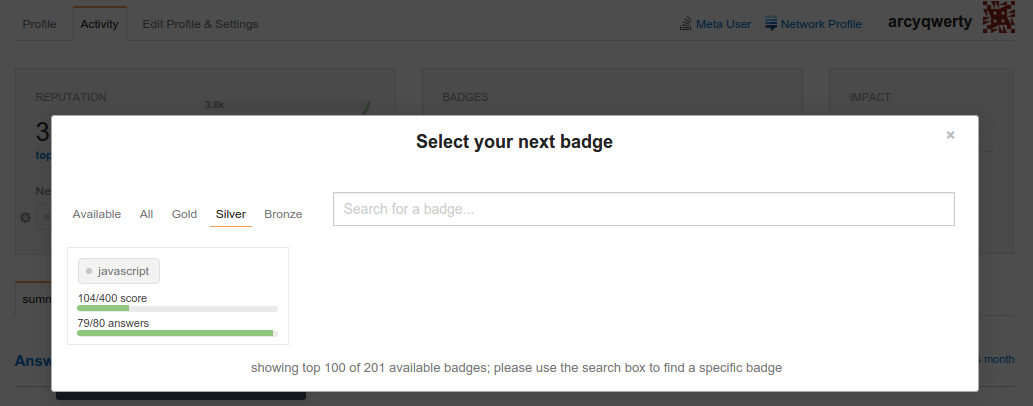 showing top 100 of 201 available badges; please use the search box to find a specific badge