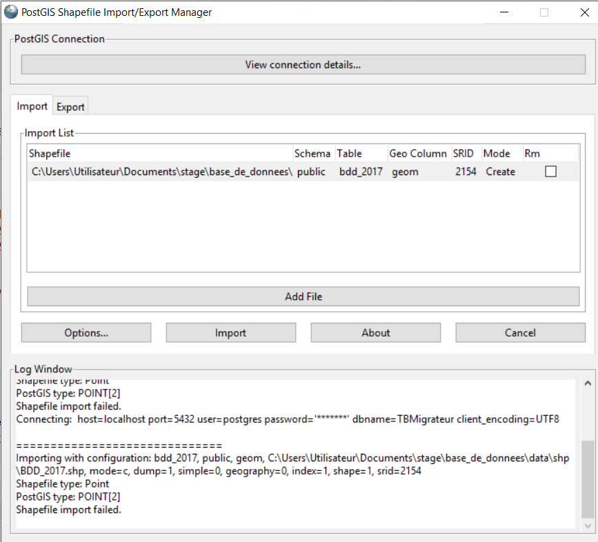 PostGis Shapefile Import/Export Manager message with correct SRID