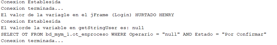 Aquí se muestra el resultado del código, donde primero me da el valor pero en el jFrame me devuelve un "null"