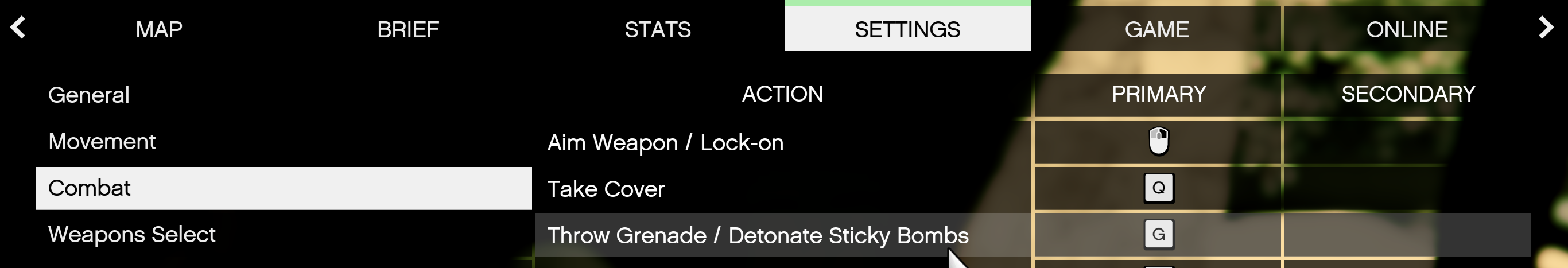 Settings > Keybindings > Combat > Throw Grenade / Detonate Sticky Bombs