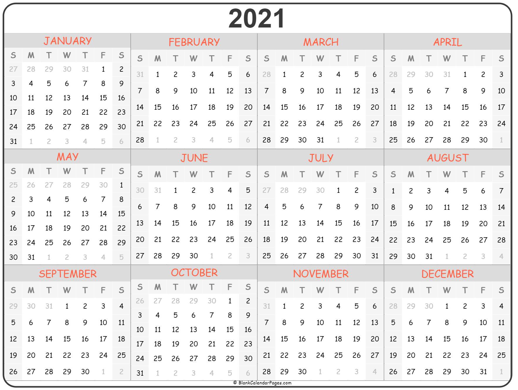 2021 Yearly Calendar View