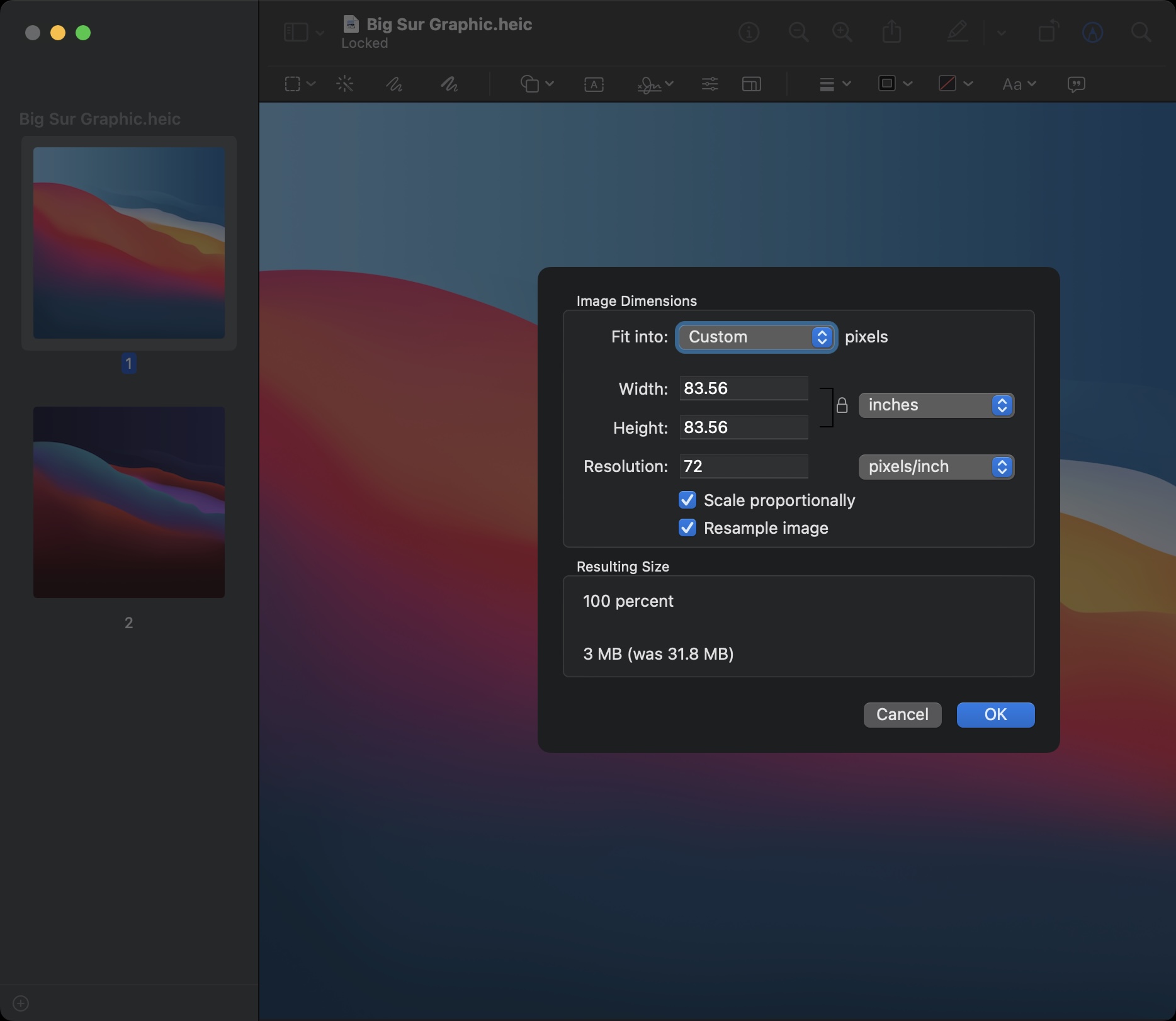 MacOS Preview Application Resize Image Panel