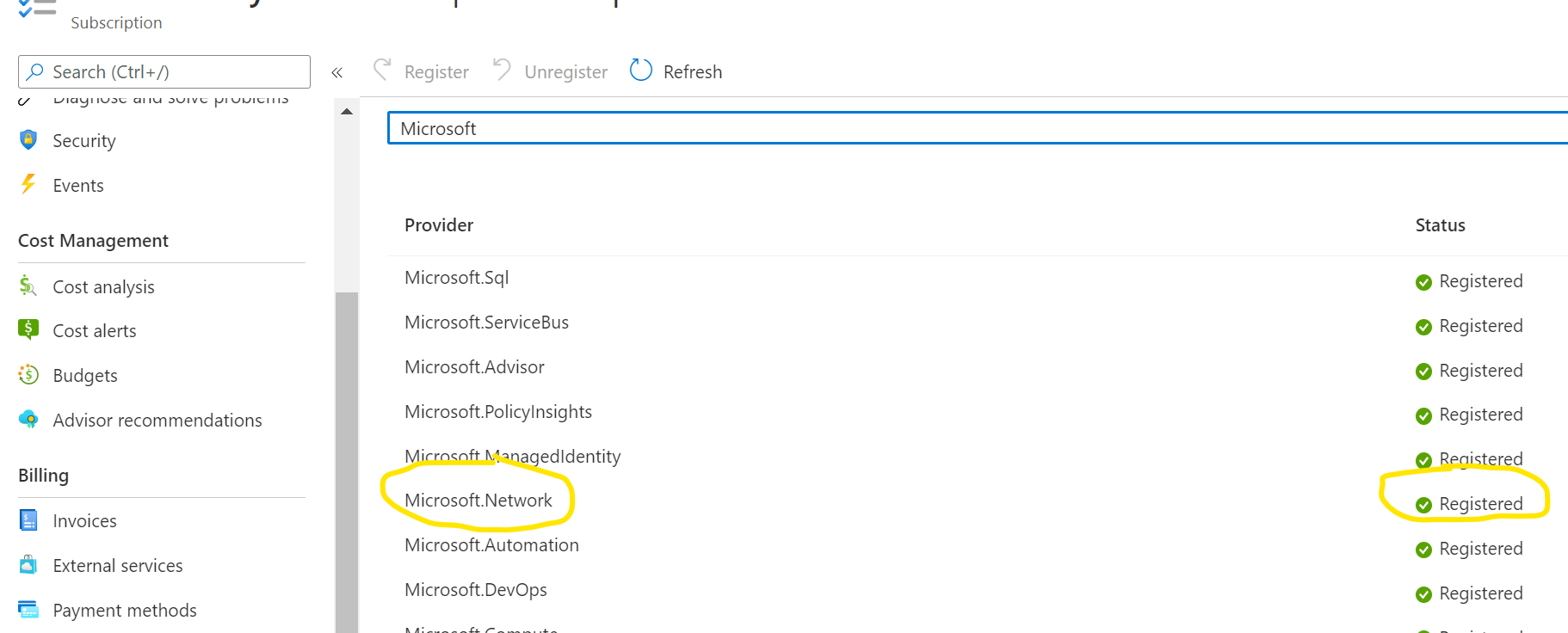 Register Microsoft.Network