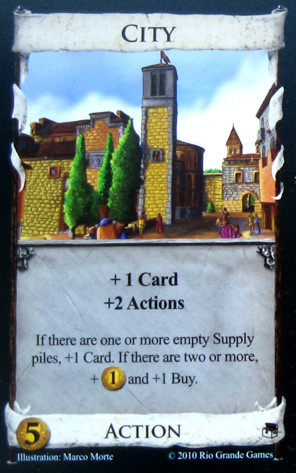 +1 Card; +2 Actions; If there are one or more empty Supply piles, +1 Card.  If there are two or more, +1 Coin and +1 Buy