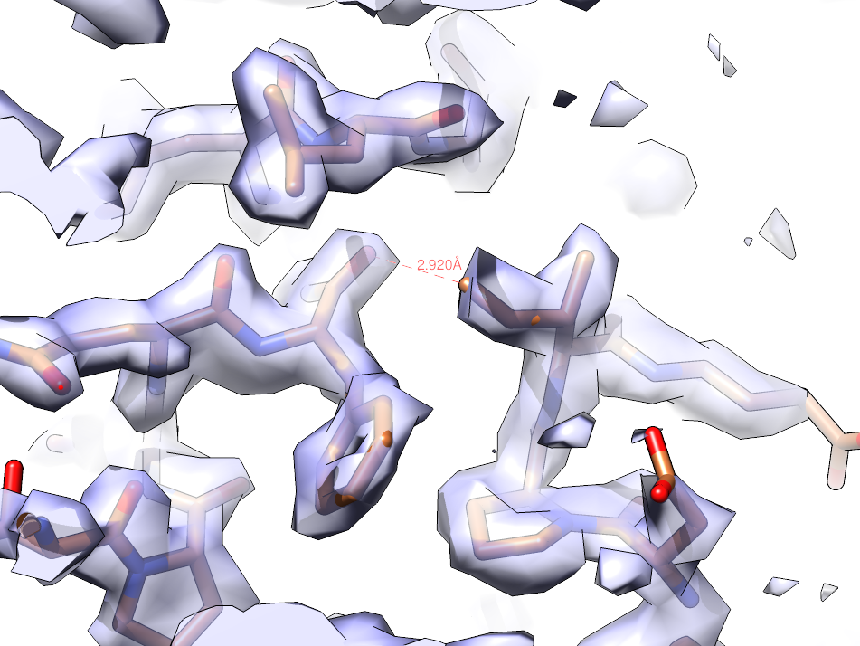 The atomic model of PDB6R7M is shown fitted into the density map EMD4628