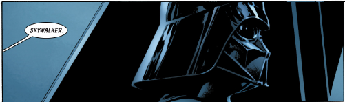 Subsequent frame:  Side view of Vader's head, looking to the right against a window.  Fett (off-screen) says "Skywalker."