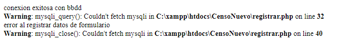 Error que se produce al intentar registrar datos. Notamos que si que conecta pero no inserta correctamente los datos