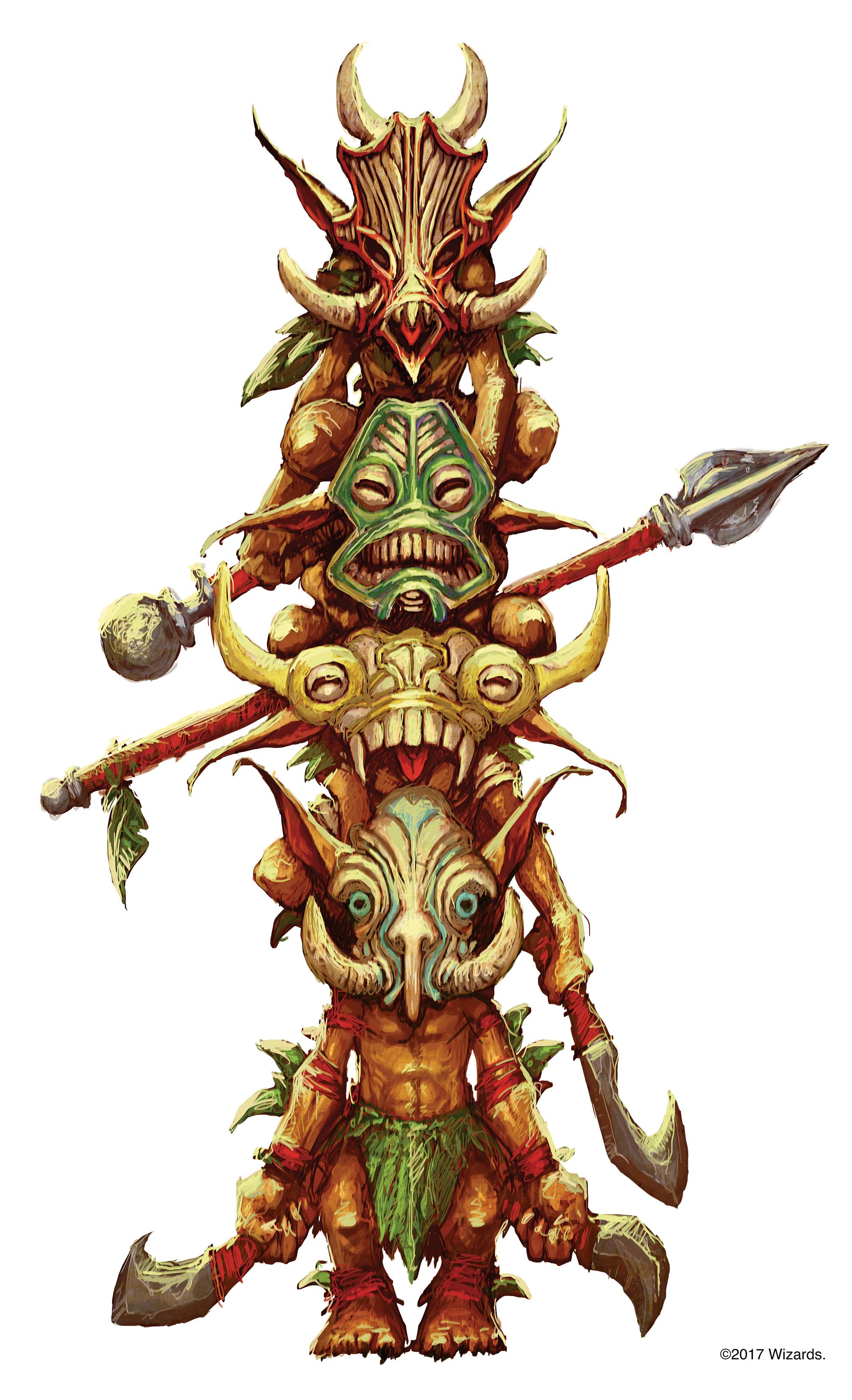 Stack of 4 goblins wearing tiki-like masks and each holding a weapon