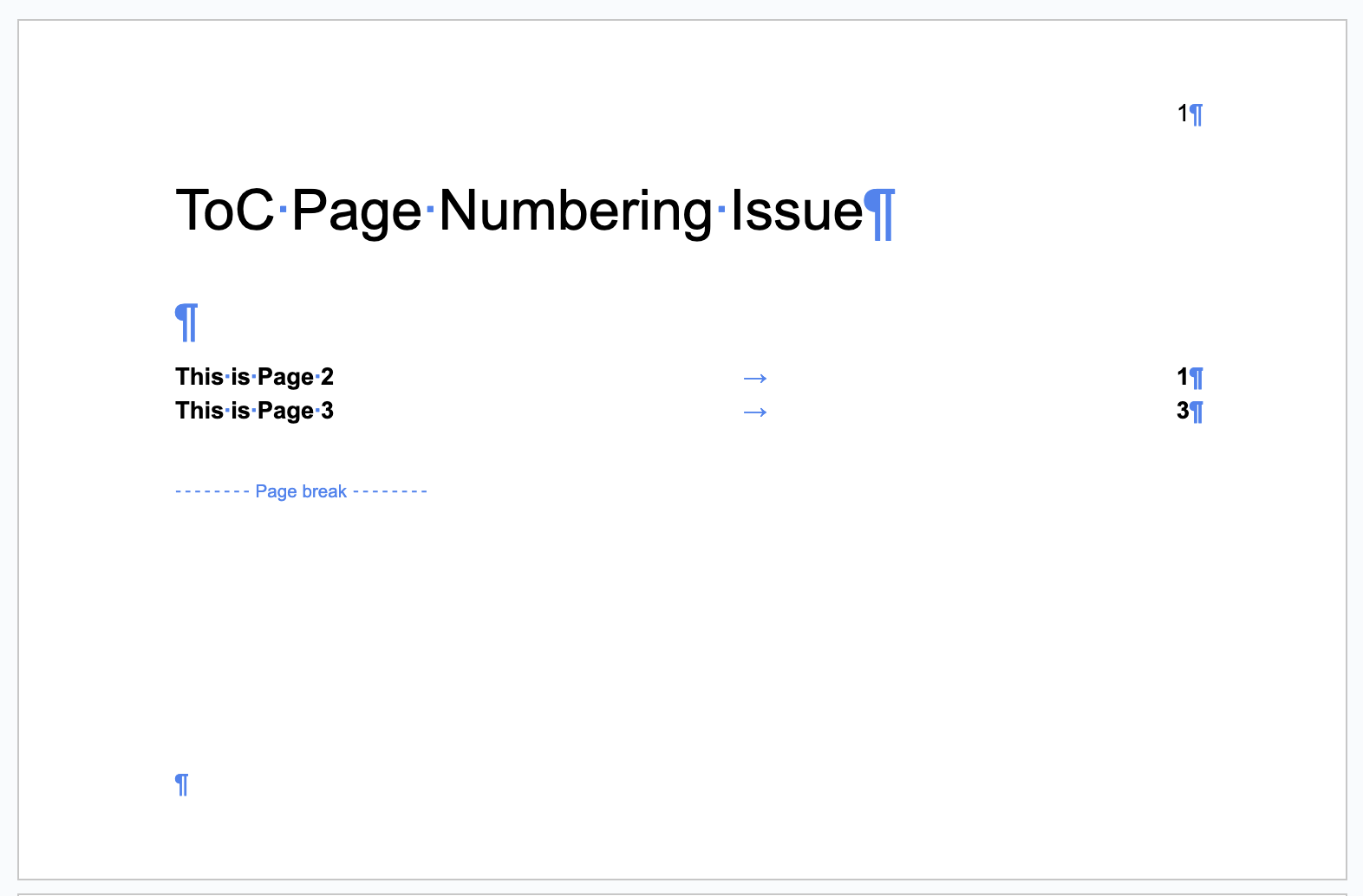 Page 1, this time with non-printing characters displayed. There are paragraph markers to the right of the page number, the title, the 2 page numbers in the table of contents, and at the bottom-left of the page, as well as just above the table of contents. There is a page break just below the table of contents.