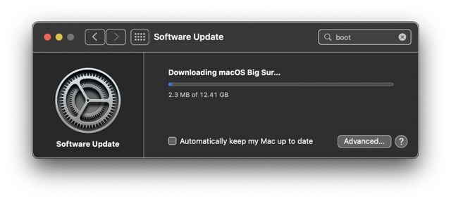 Screenshot of the Software Update preferences panel downloading Big Sur