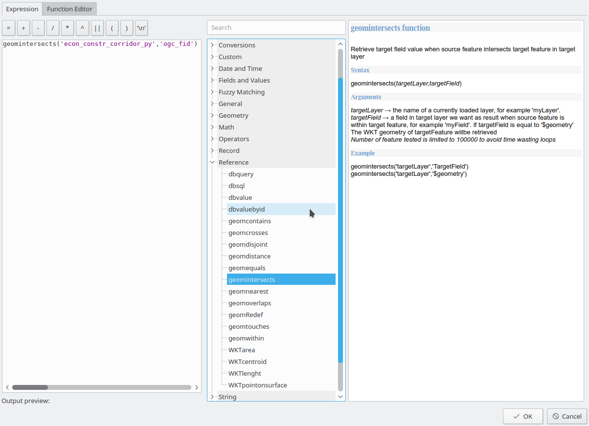 query/rule builder in qgis with refFunction geomintersects example