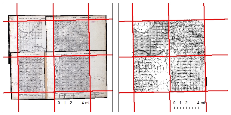 Left: historic maps with overlapping margins. Red lines show polygon grid to be used for clip; Right: desired result of historic maps clipped to grid to remove margins.