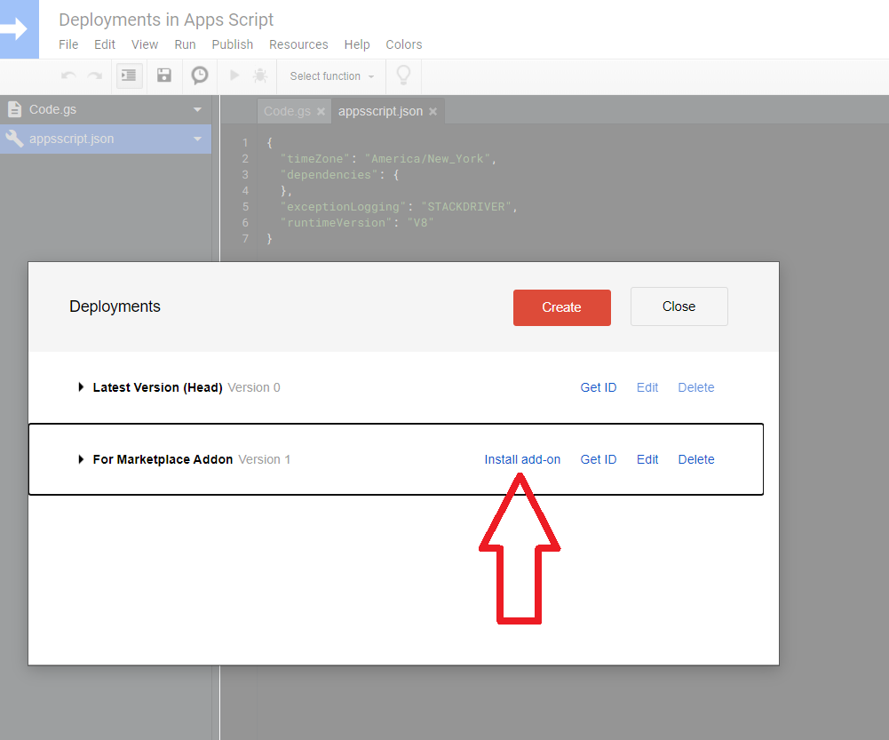 Apps Script deployment - install add-on