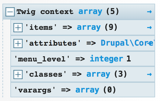 {{ kint() }} output in menu--menu-principal.html.twig