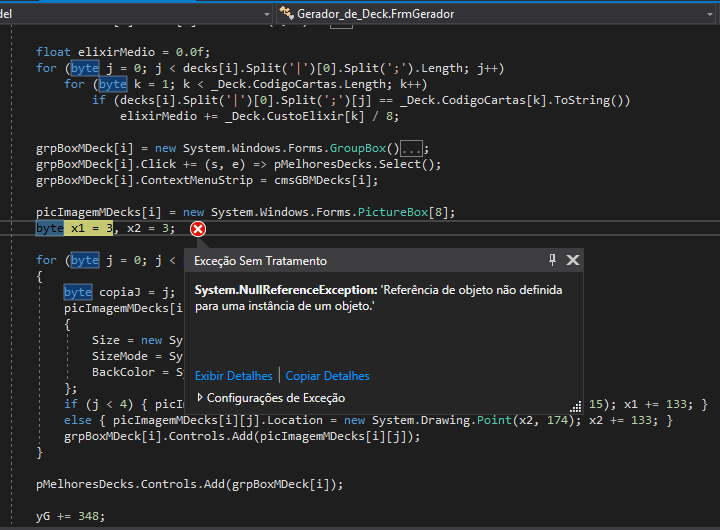 exceção NRE no Visual Studio