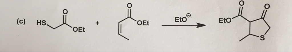 reaction of  ethyl (2Z)-but-2-enoate and ethyl 2-sulfanylacetate in the presence of ethoxide ion