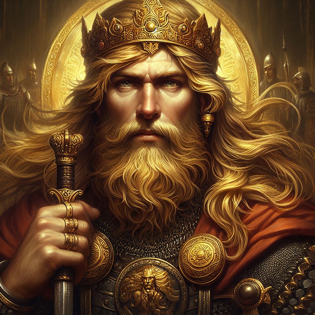 Fantasy style closeup of a blond man with a beard, crown and rings on each finger