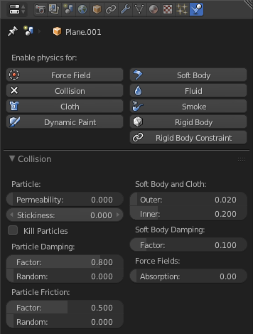 Collision settings for the collision plane